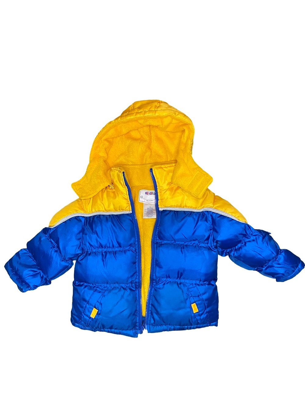 Vintage Okie Dokie toddler blue yellow hooded 90s winter puffer coat 2T